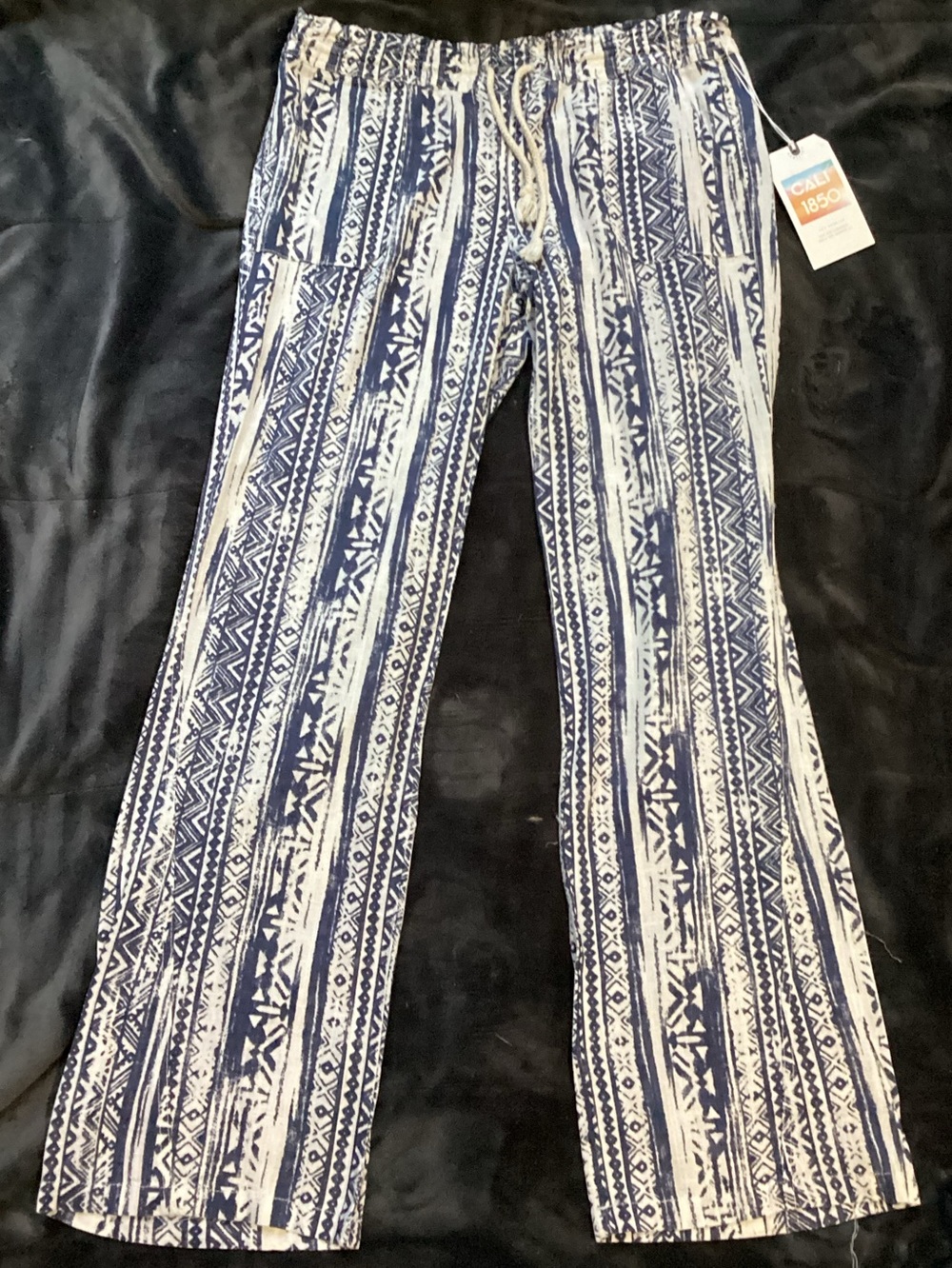 Cali 1850 Linen Blend Beach Pants Boho Aztec Tribal Print Navy Blue White M